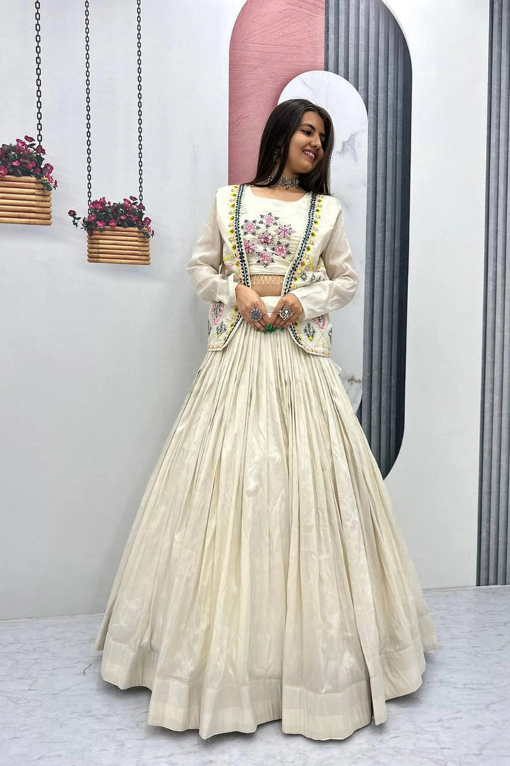 WHITE TISSUE SHIMMER JACKET STYLE LEHENGA CHOLI