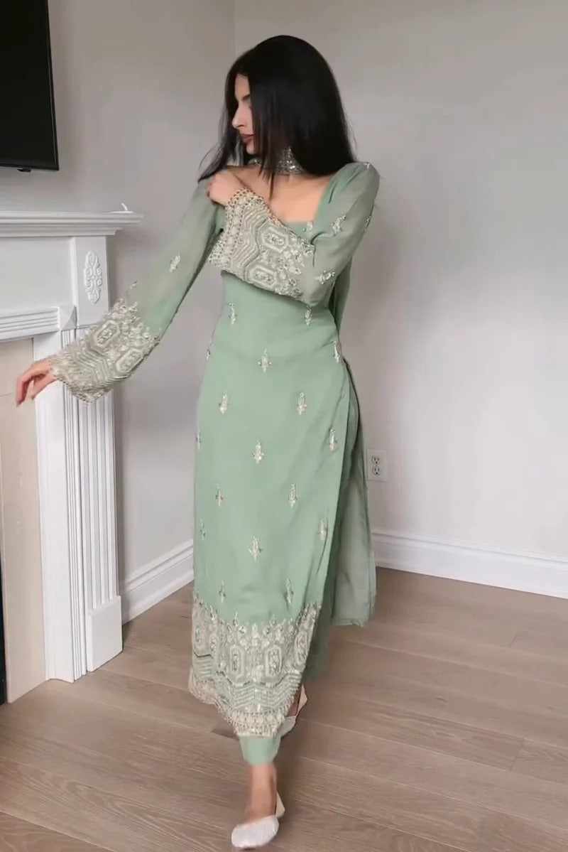 PINK FAUX GEORGETTE BEAUTIFUL EMBROIDERED WORK SUIT SET