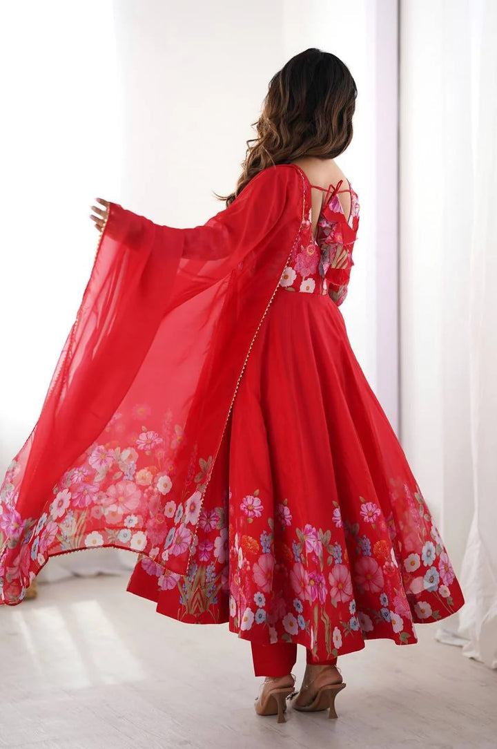 RED FLORAL PRINT ORGANZA THREE PIECE ANARKALI SUIT