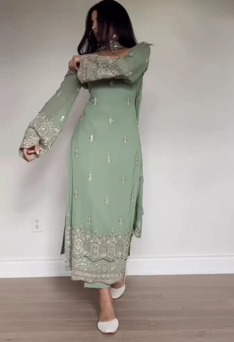 PINK FAUX GEORGETTE BEAUTIFUL EMBROIDERED WORK SUIT SET