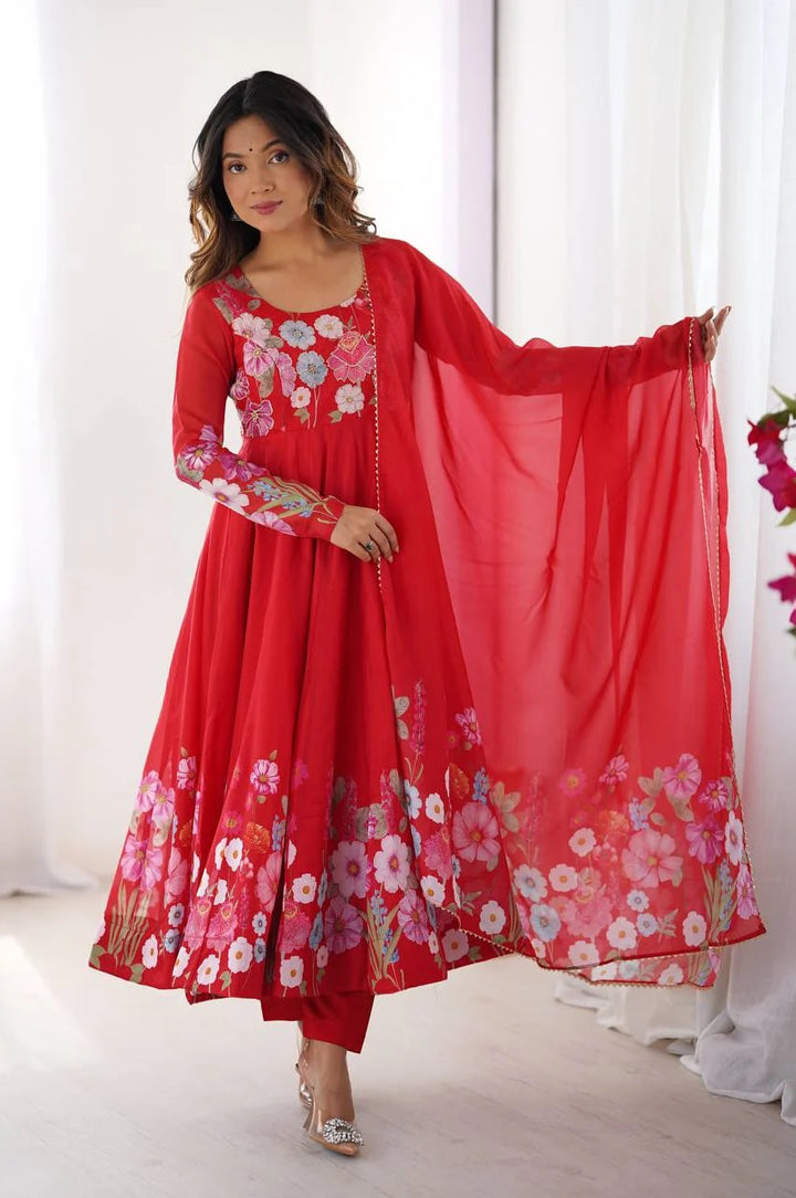 RED FLORAL PRINT ORGANZA THREE PIECE ANARKALI SUIT