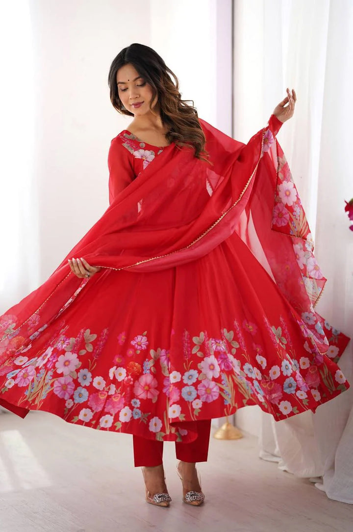 RED FLORAL PRINT ORGANZA THREE PIECE ANARKALI SUIT