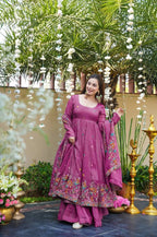 MAGENTA CRUSHED SILK ANARKALI SUIT SET