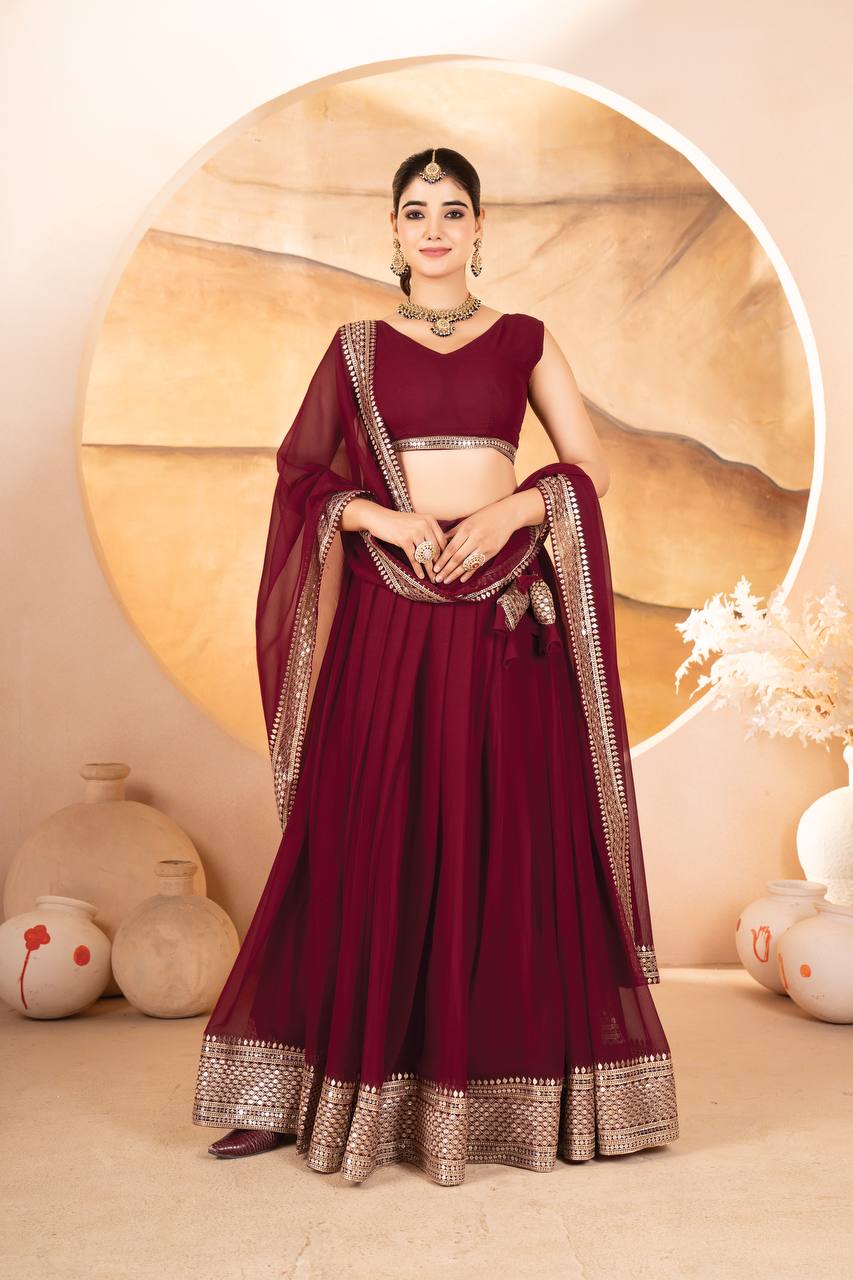 MAROON COLOR SEQUNCE ZARI EMBROIDERED GEORGETTE ATTRACTIVE BORDER LEHENGA CHOLI WITH DUPATTA