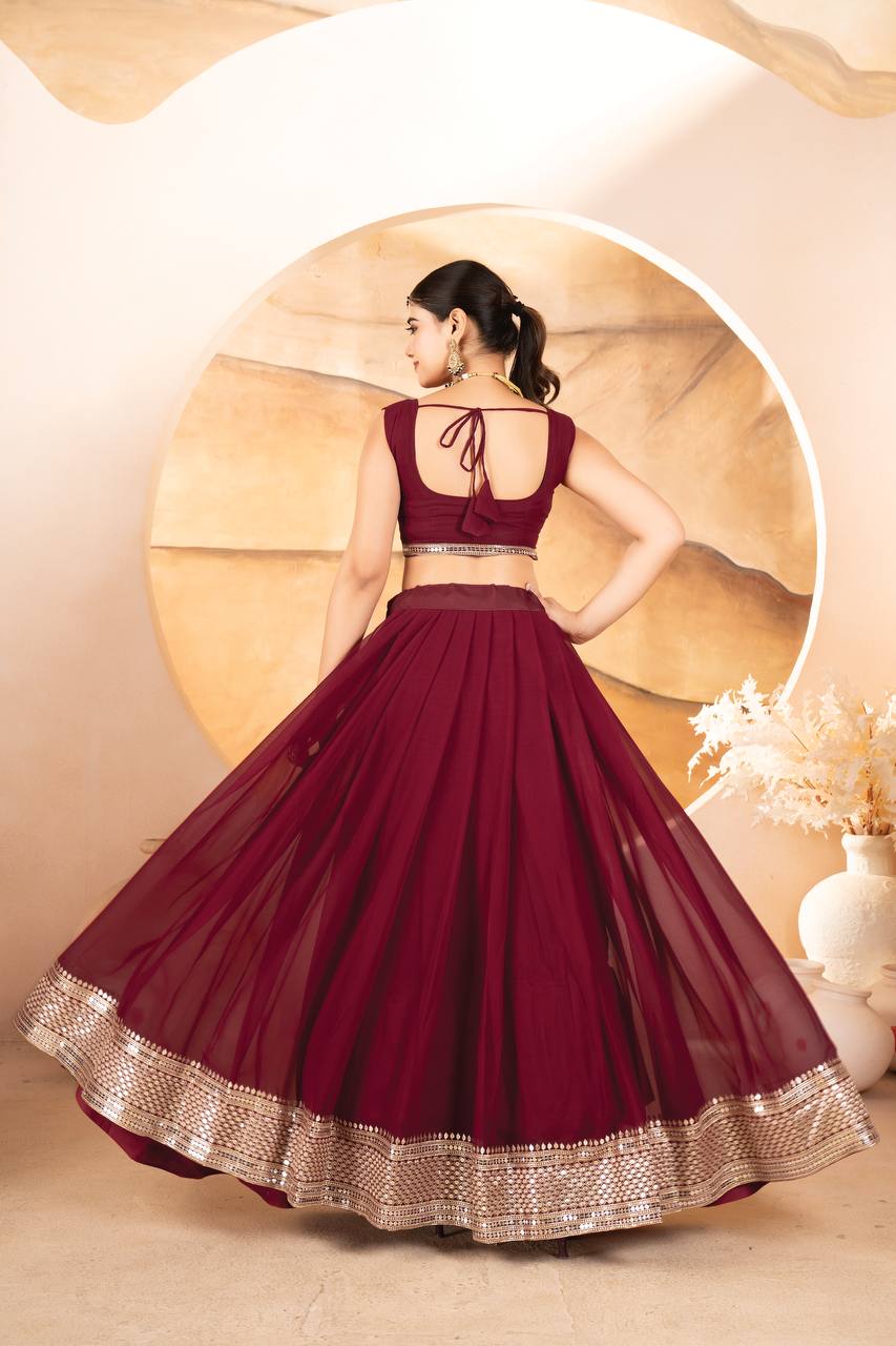 MAROON COLOR SEQUNCE ZARI EMBROIDERED GEORGETTE ATTRACTIVE BORDER LEHENGA CHOLI WITH DUPATTA