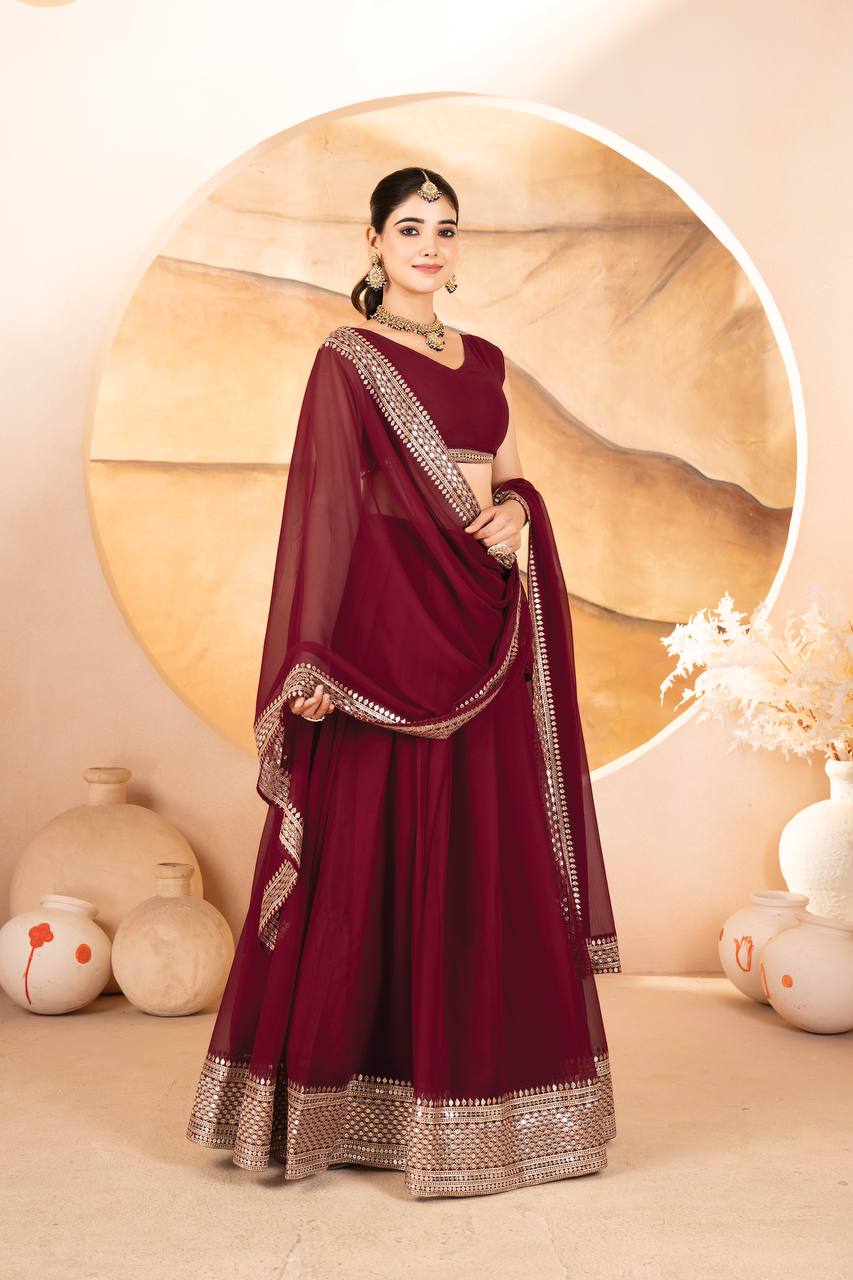 MAROON COLOR SEQUNCE ZARI EMBROIDERED GEORGETTE ATTRACTIVE BORDER LEHENGA CHOLI WITH DUPATTA