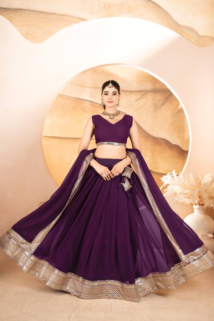WINE COLOR SEQUNCE ZARI EMBROIDERED GEORGETTE ATTRACTIVE BORDER LEHENGA CHOLI WITH DUPATTA
