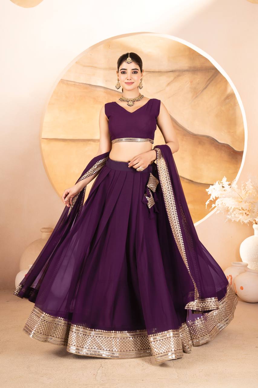 WINE COLOR SEQUNCE ZARI EMBROIDERED GEORGETTE ATTRACTIVE BORDER LEHENGA CHOLI WITH DUPATTA