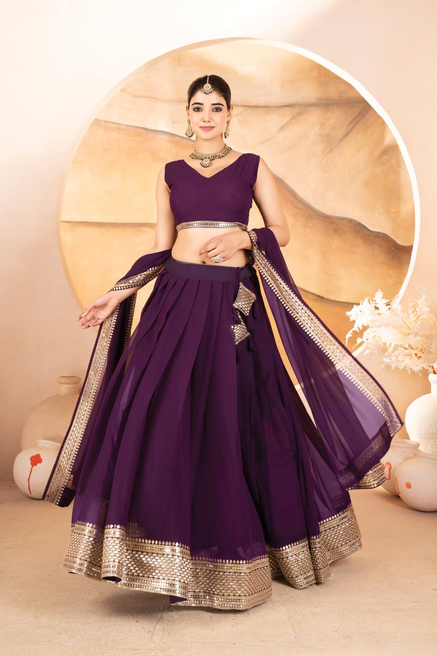 WINE COLOR SEQUNCE ZARI EMBROIDERED GEORGETTE ATTRACTIVE BORDER LEHENGA CHOLI WITH DUPATTA