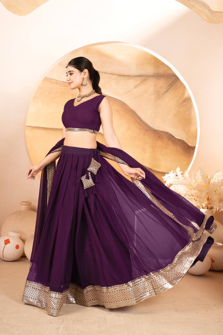WINE COLOR SEQUNCE ZARI EMBROIDERED GEORGETTE ATTRACTIVE BORDER LEHENGA CHOLI WITH DUPATTA