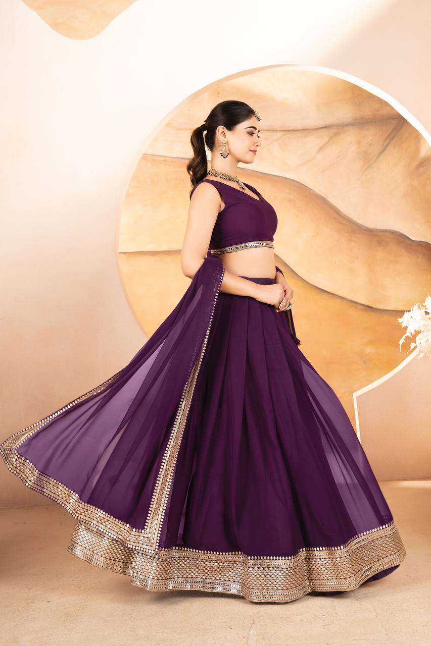 WINE COLOR SEQUNCE ZARI EMBROIDERED GEORGETTE ATTRACTIVE BORDER LEHENGA CHOLI WITH DUPATTA