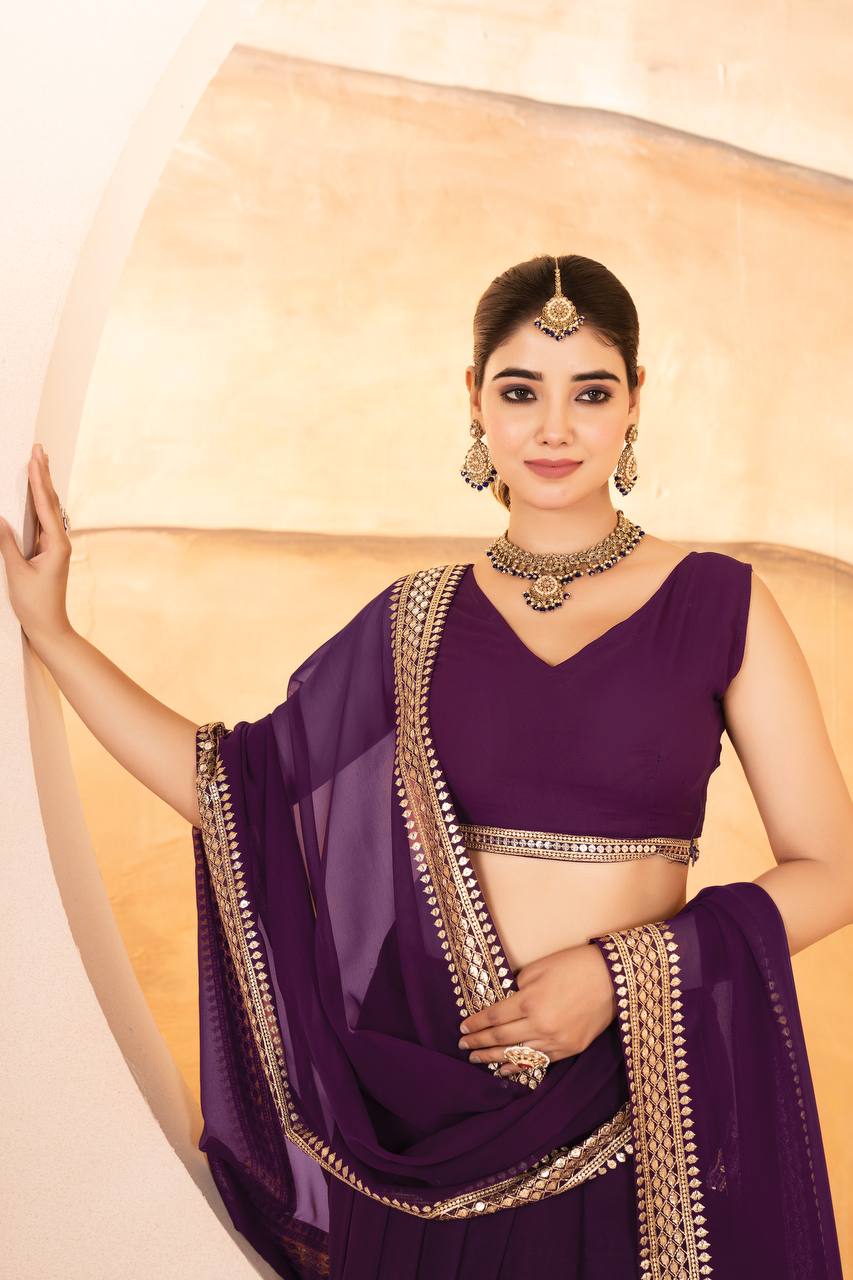 WINE COLOR SEQUNCE ZARI EMBROIDERED GEORGETTE ATTRACTIVE BORDER LEHENGA CHOLI WITH DUPATTA