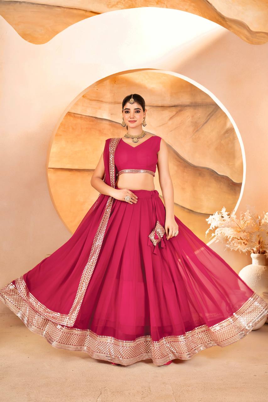 PINK COLOR SEQUNCE ZARI EMBROIDERED GEORGETTE ATTRACTIVE BORDER LEHENGA CHOLI WITH DUPATTA