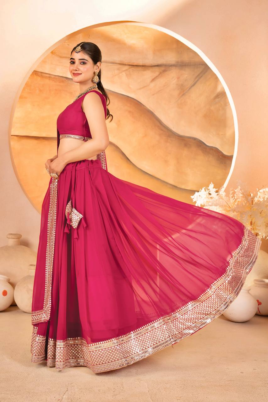 PINK COLOR SEQUNCE ZARI EMBROIDERED GEORGETTE ATTRACTIVE BORDER LEHENGA CHOLI WITH DUPATTA