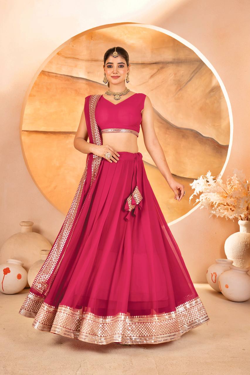 PINK COLOR SEQUNCE ZARI EMBROIDERED GEORGETTE ATTRACTIVE BORDER LEHENGA CHOLI WITH DUPATTA