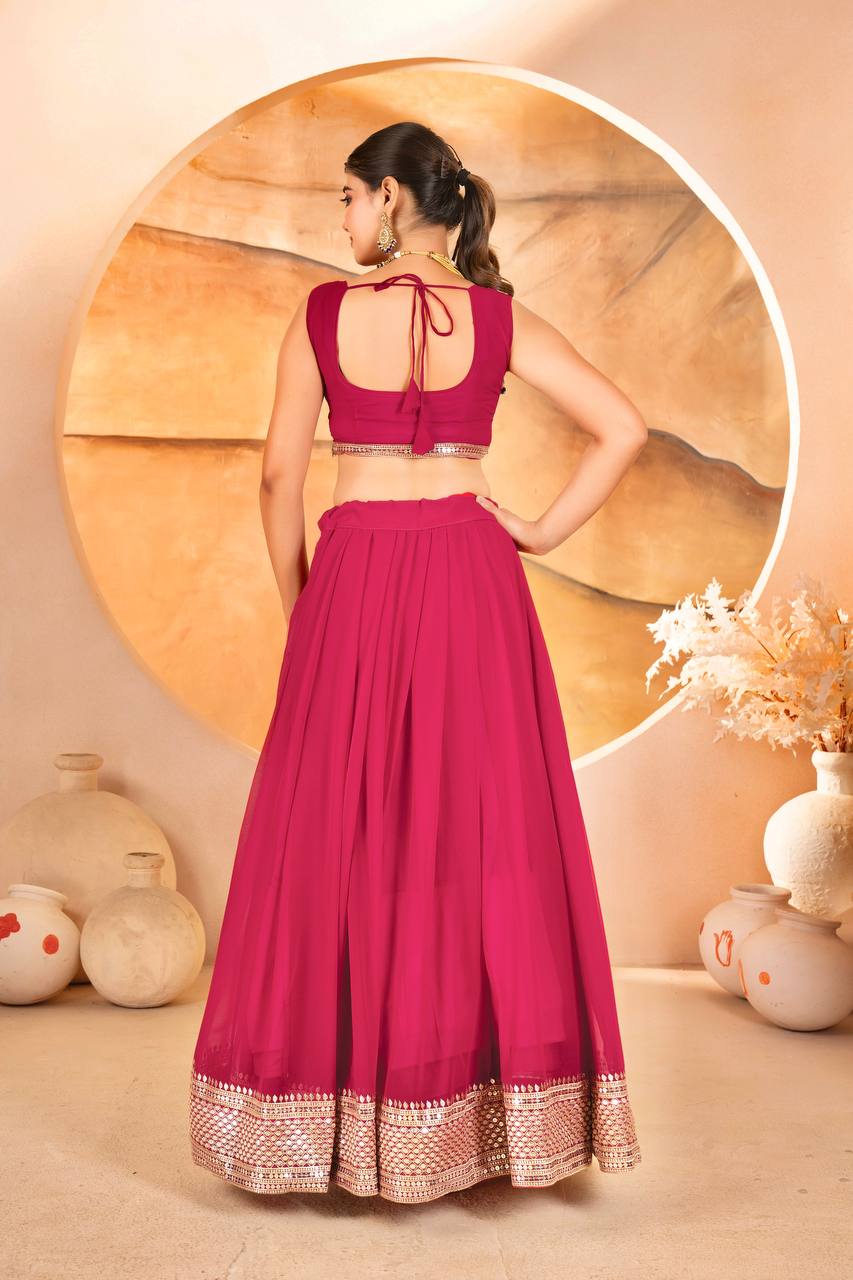 PINK COLOR SEQUNCE ZARI EMBROIDERED GEORGETTE ATTRACTIVE BORDER LEHENGA CHOLI WITH DUPATTA