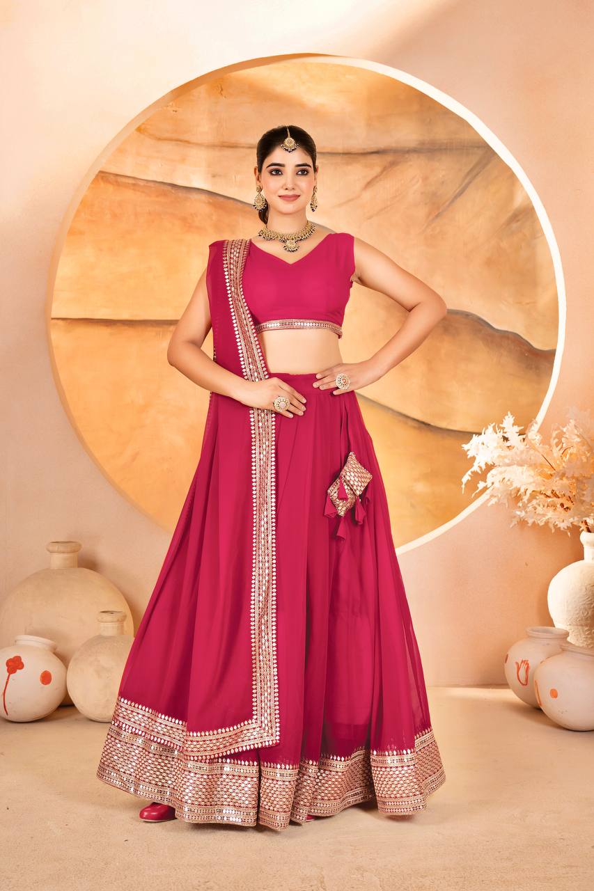 PINK COLOR SEQUNCE ZARI EMBROIDERED GEORGETTE ATTRACTIVE BORDER LEHENGA CHOLI WITH DUPATTA