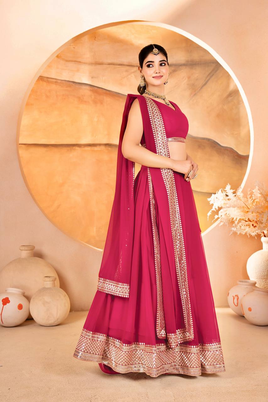 PINK COLOR SEQUNCE ZARI EMBROIDERED GEORGETTE ATTRACTIVE BORDER LEHENGA CHOLI WITH DUPATTA