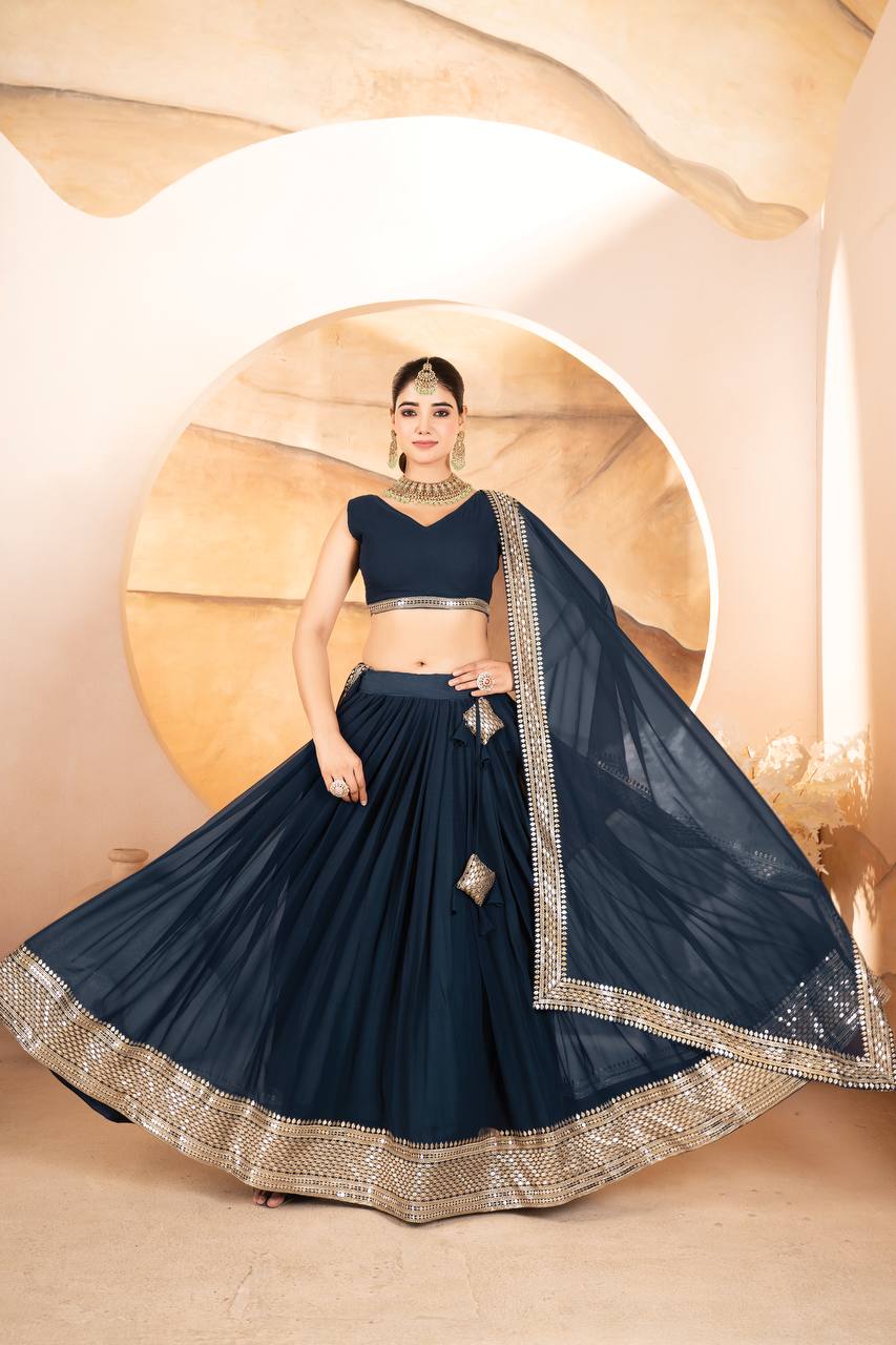 BLUE COLOR SEQUNCE ZARI EMBROIDERED GEORGETTE ATTRACTIVE BORDER LEHENGA CHOLI WITH DUPATTA