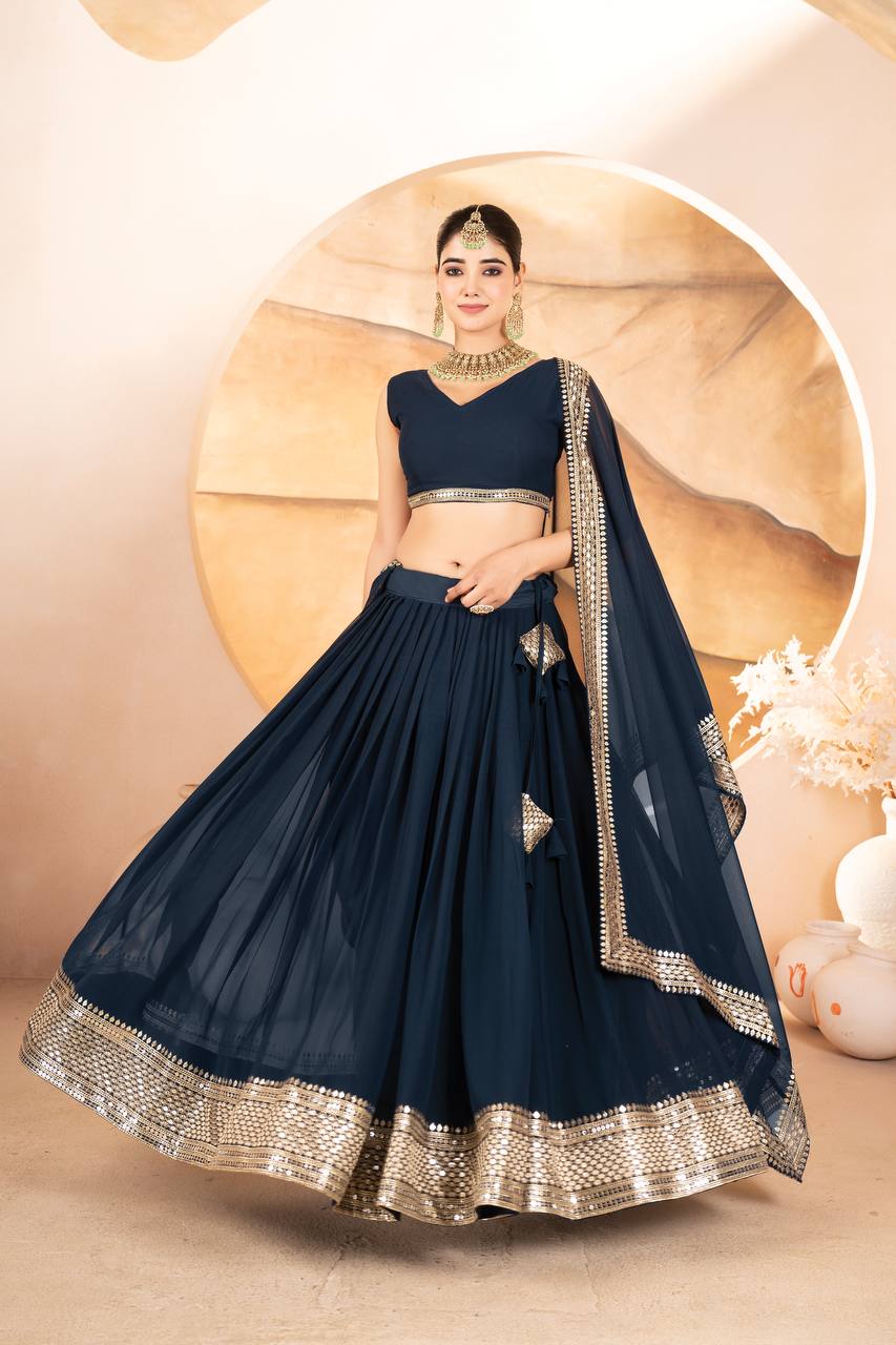 BLUE COLOR SEQUNCE ZARI EMBROIDERED GEORGETTE ATTRACTIVE BORDER LEHENGA CHOLI WITH DUPATTA