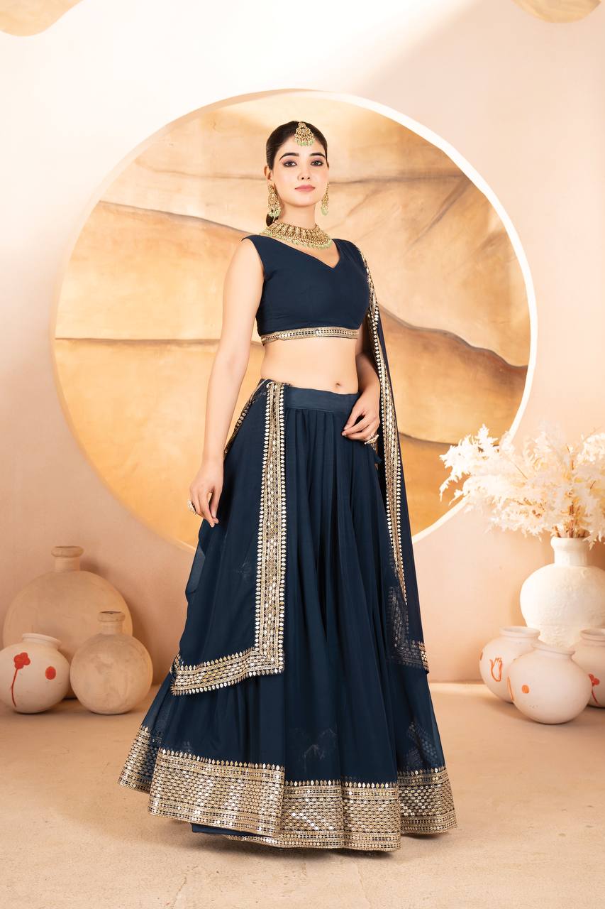 BLUE COLOR SEQUNCE ZARI EMBROIDERED GEORGETTE ATTRACTIVE BORDER LEHENGA CHOLI WITH DUPATTA