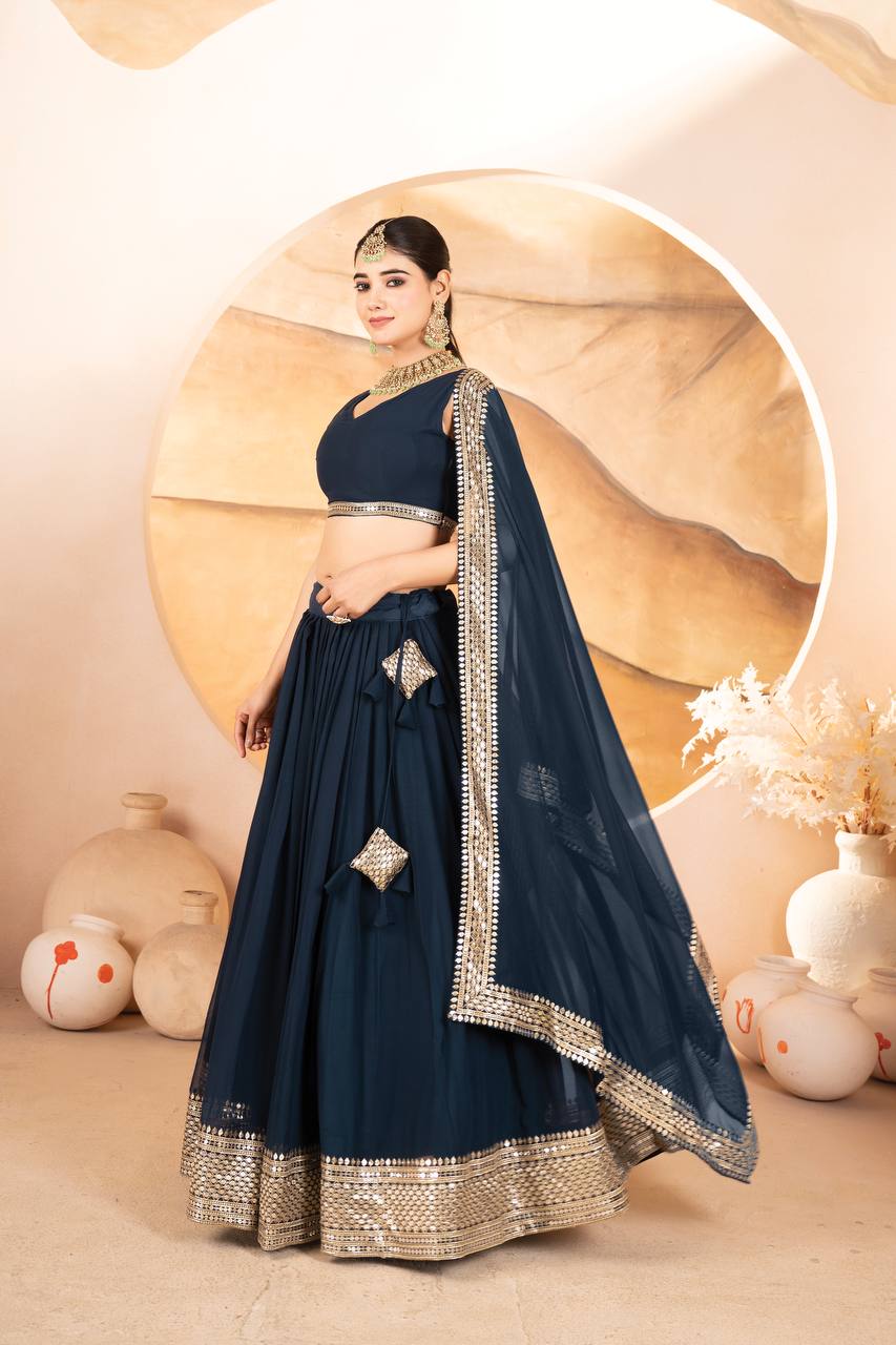 BLUE COLOR SEQUNCE ZARI EMBROIDERED GEORGETTE ATTRACTIVE BORDER LEHENGA CHOLI WITH DUPATTA