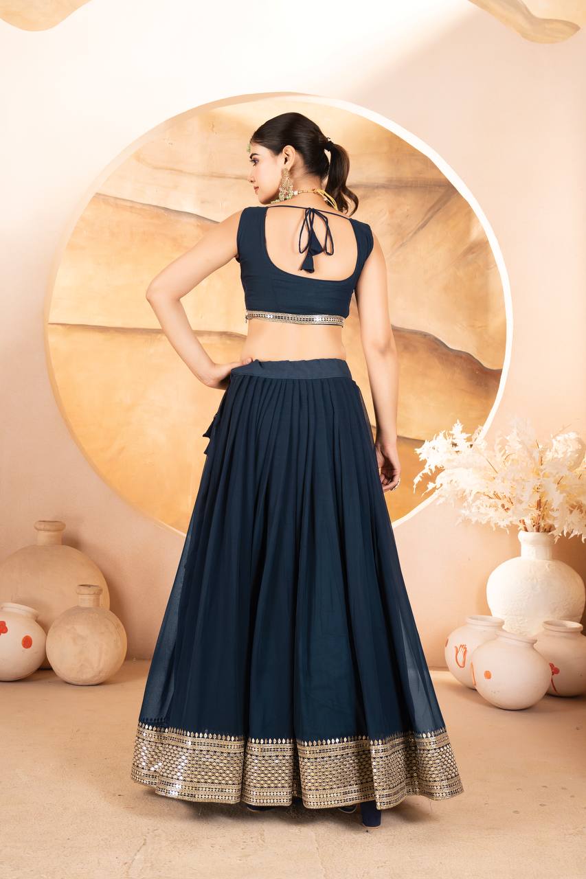 BLUE COLOR SEQUNCE ZARI EMBROIDERED GEORGETTE ATTRACTIVE BORDER LEHENGA CHOLI WITH DUPATTA