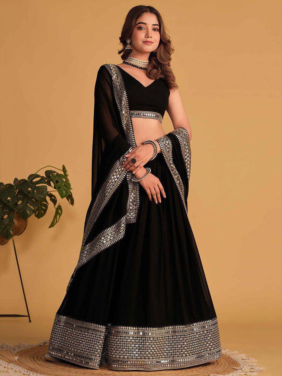 MIDNIGHT BLACK COLOR SEQUNCE ZARI EMBROIDERED GEORGETTE ATTRACTIVE BORDER LEHENGA CHOLI WITH DUPATTA
