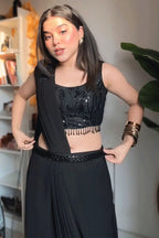 BLACK ELEGANT READY-TO-WEAR DHOTI STYLE ENSEMBLE WITH BLOUSE & WAIST BELT