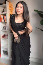 BLACK ELEGANT READY-TO-WEAR DHOTI STYLE ENSEMBLE WITH BLOUSE & WAIST BELT