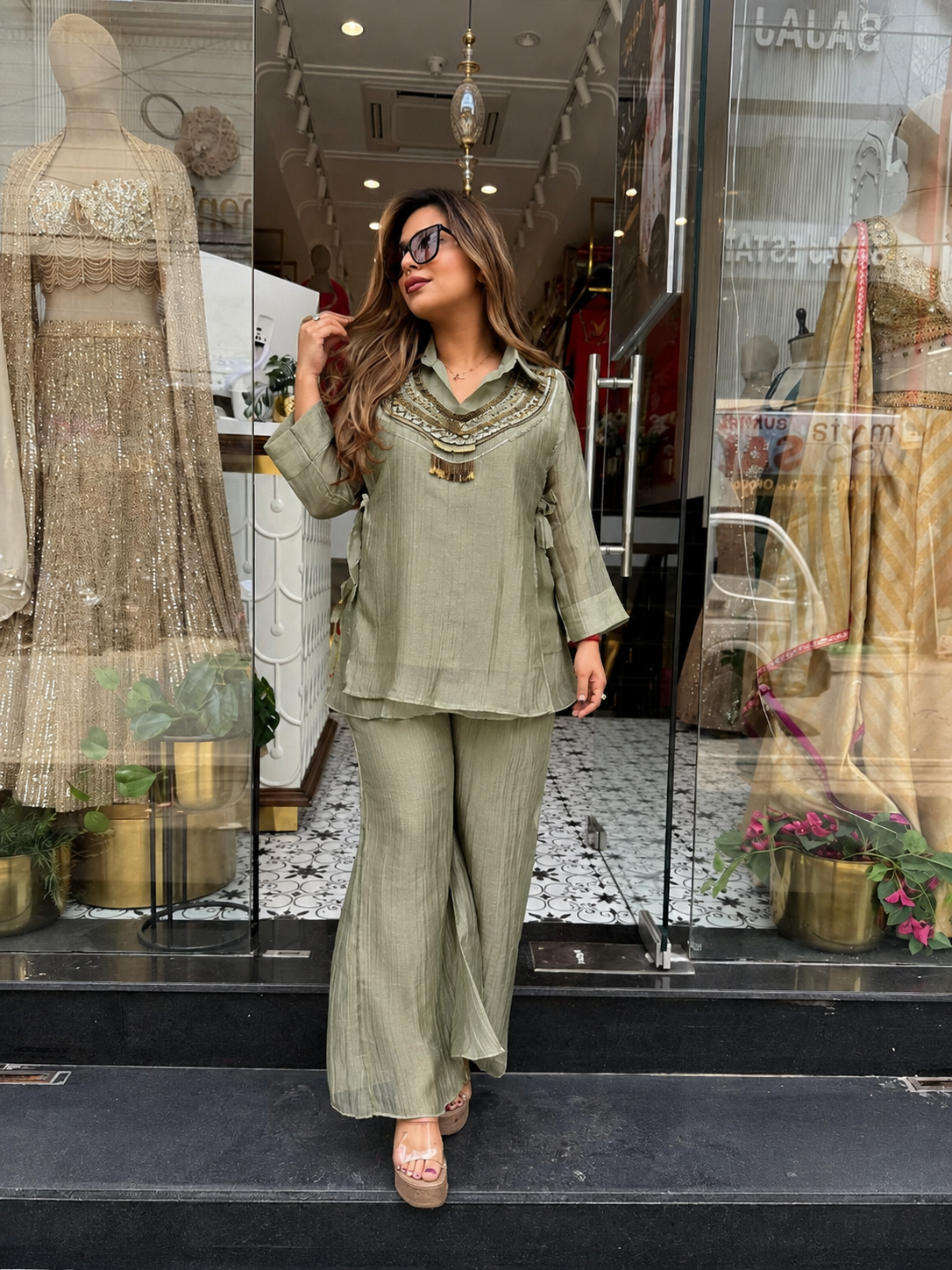 SAGE GREEN SALSA CRUSHED 3 PIECE CO-ORD SET