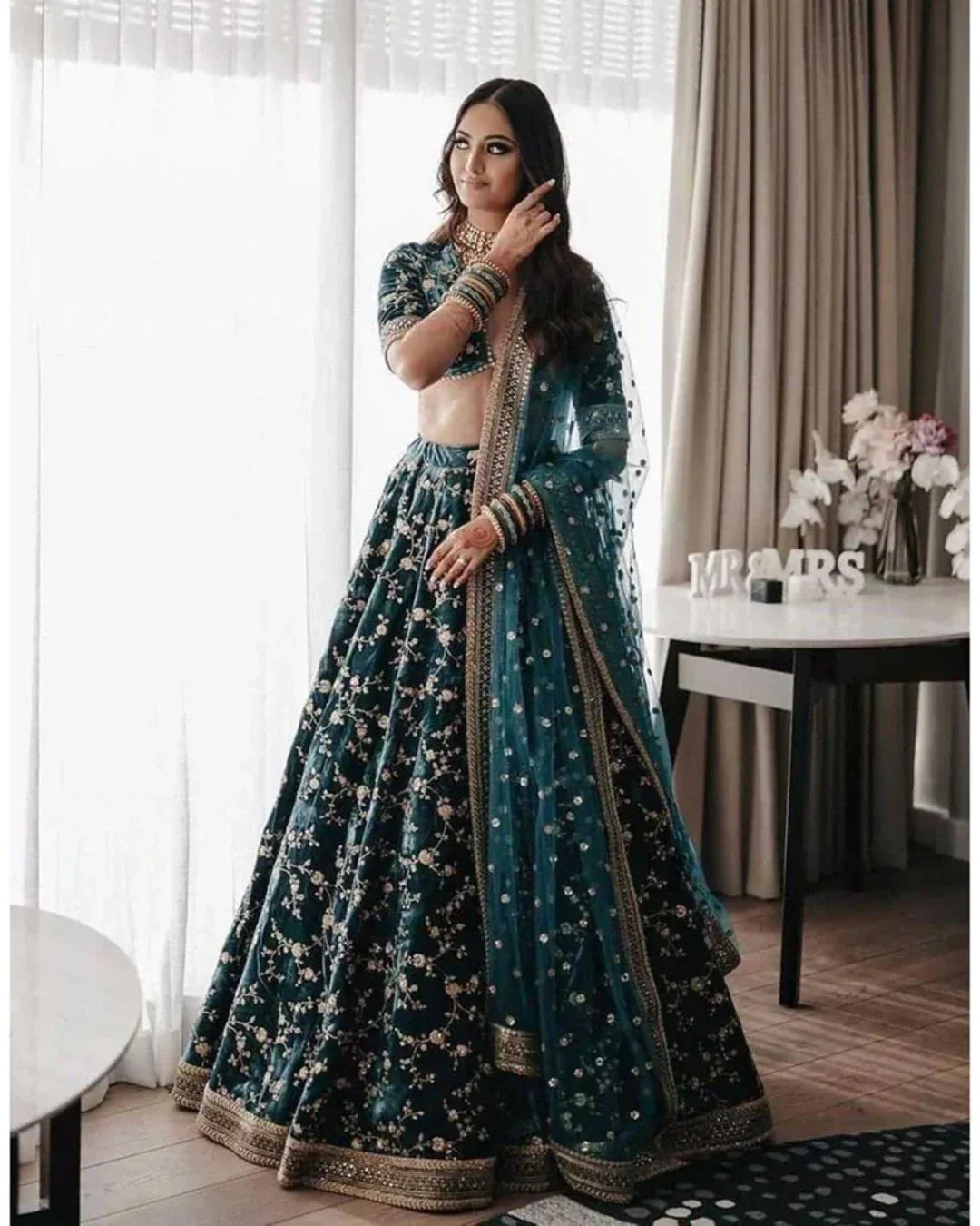 DARK GREEN COLOR PURE VELVET BRIDAL WEAR EMBROIDERED LEHENGA CHOLI