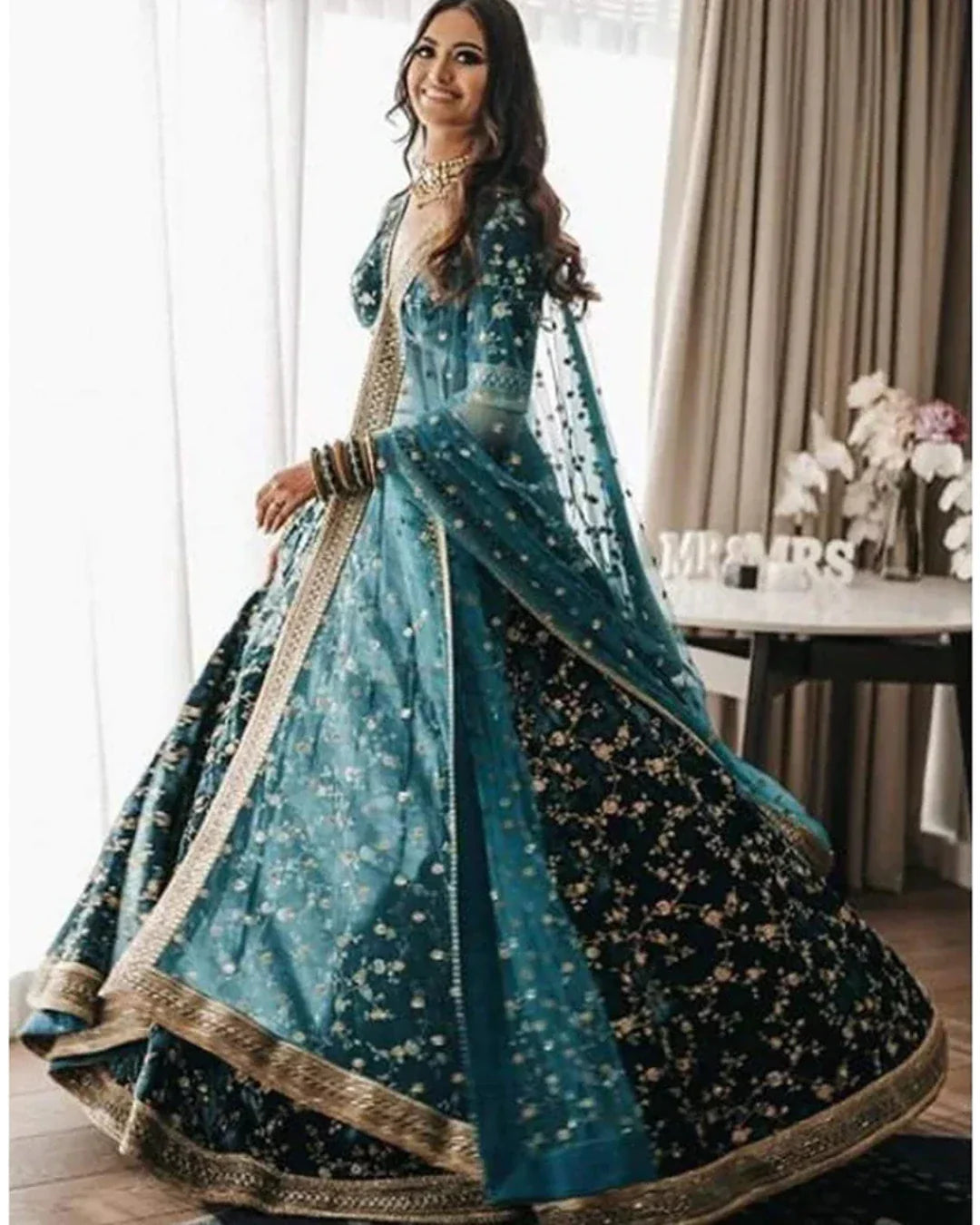 DARK GREEN COLOR PURE VELVET BRIDAL WEAR EMBROIDERED LEHENGA CHOLI