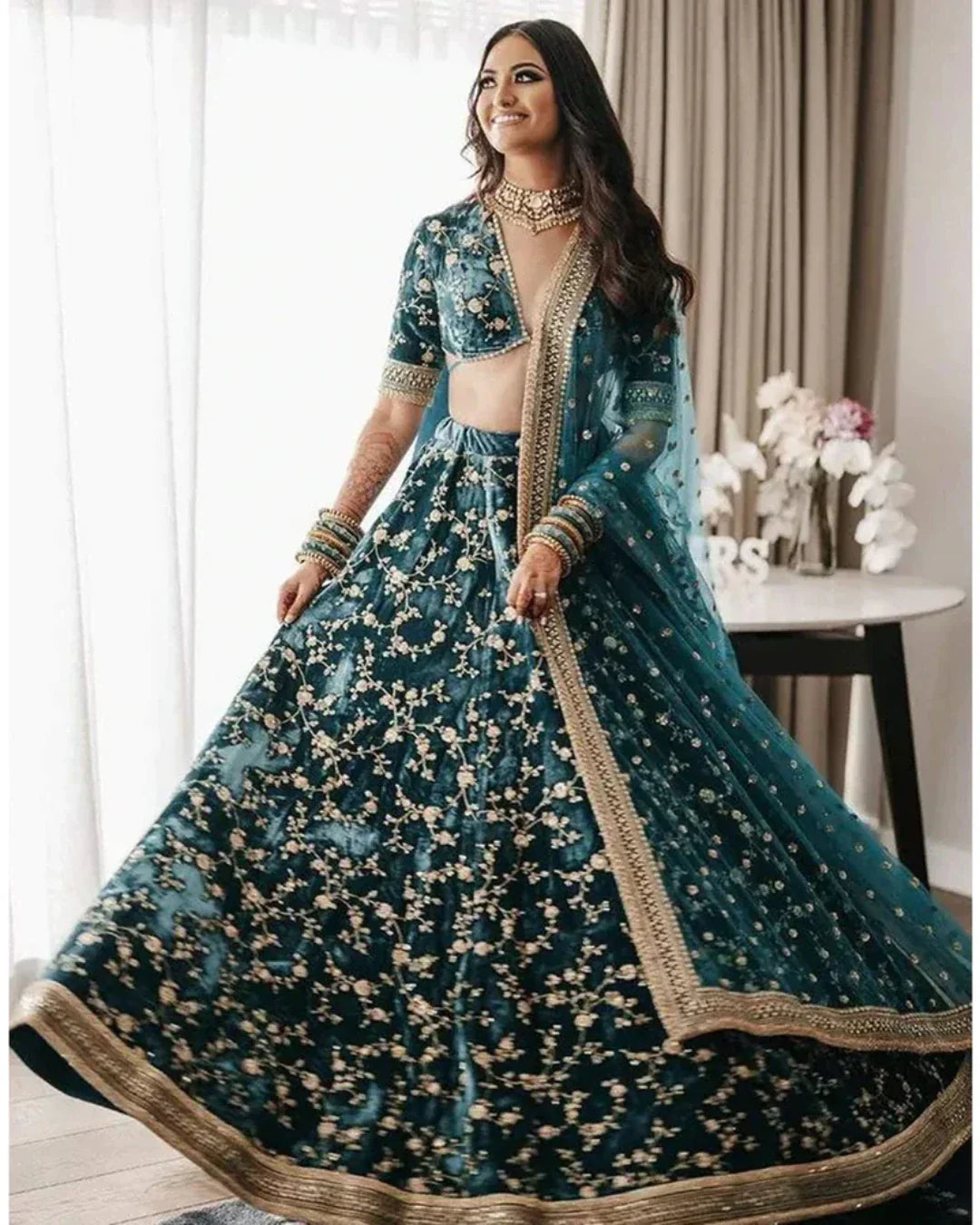 DARK GREEN COLOR PURE VELVET BRIDAL WEAR EMBROIDERED LEHENGA CHOLI
