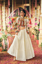 WHITE COLOR RUFFLE STYLE LEHENGA WITH KUTCHI WORK BLOUSE FULLY STITCHED
