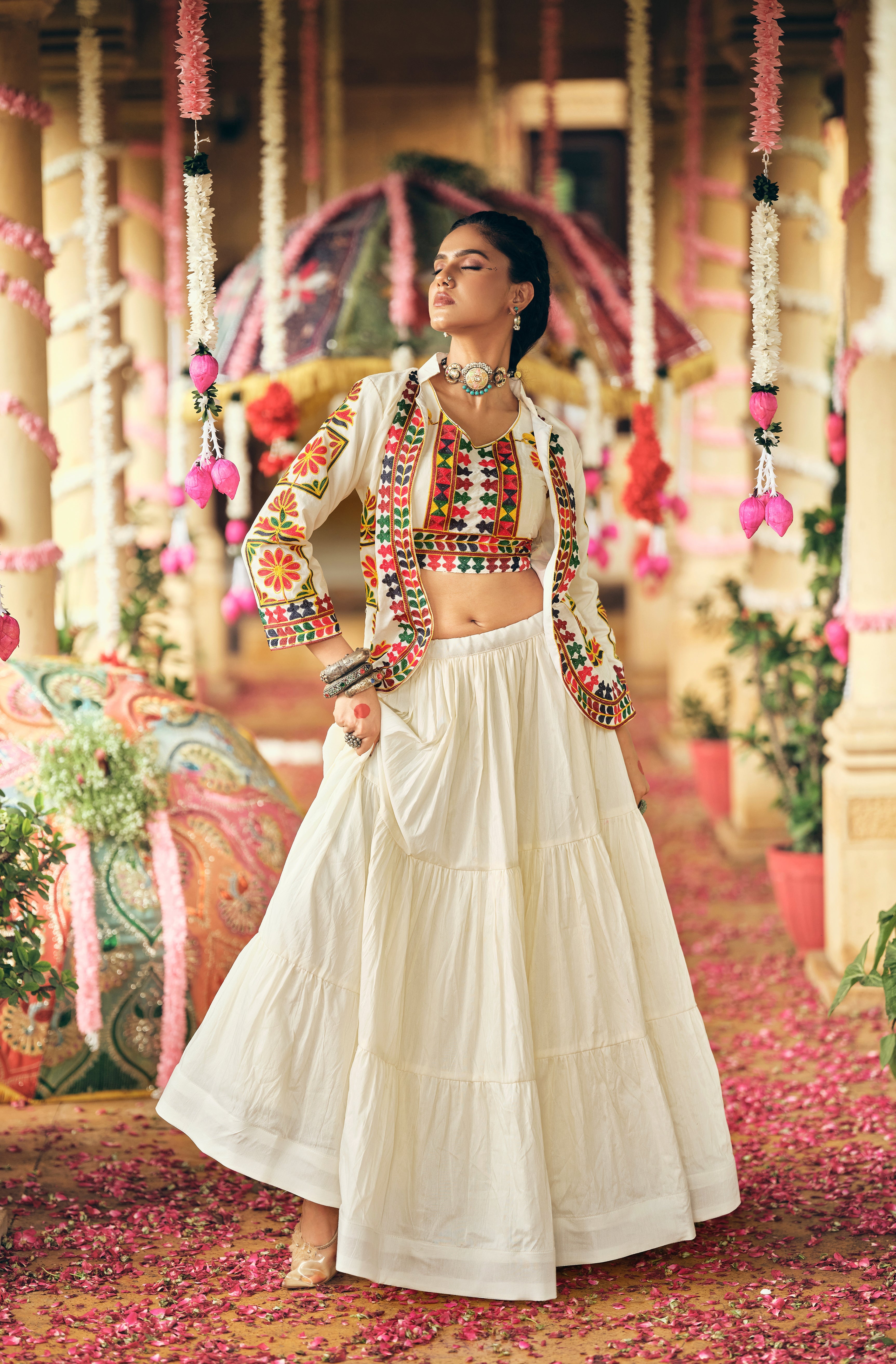 WHITE COLOR RUFFLE STYLE LEHENGA WITH KUTCHI WORK BLOUSE FULLY STITCHED