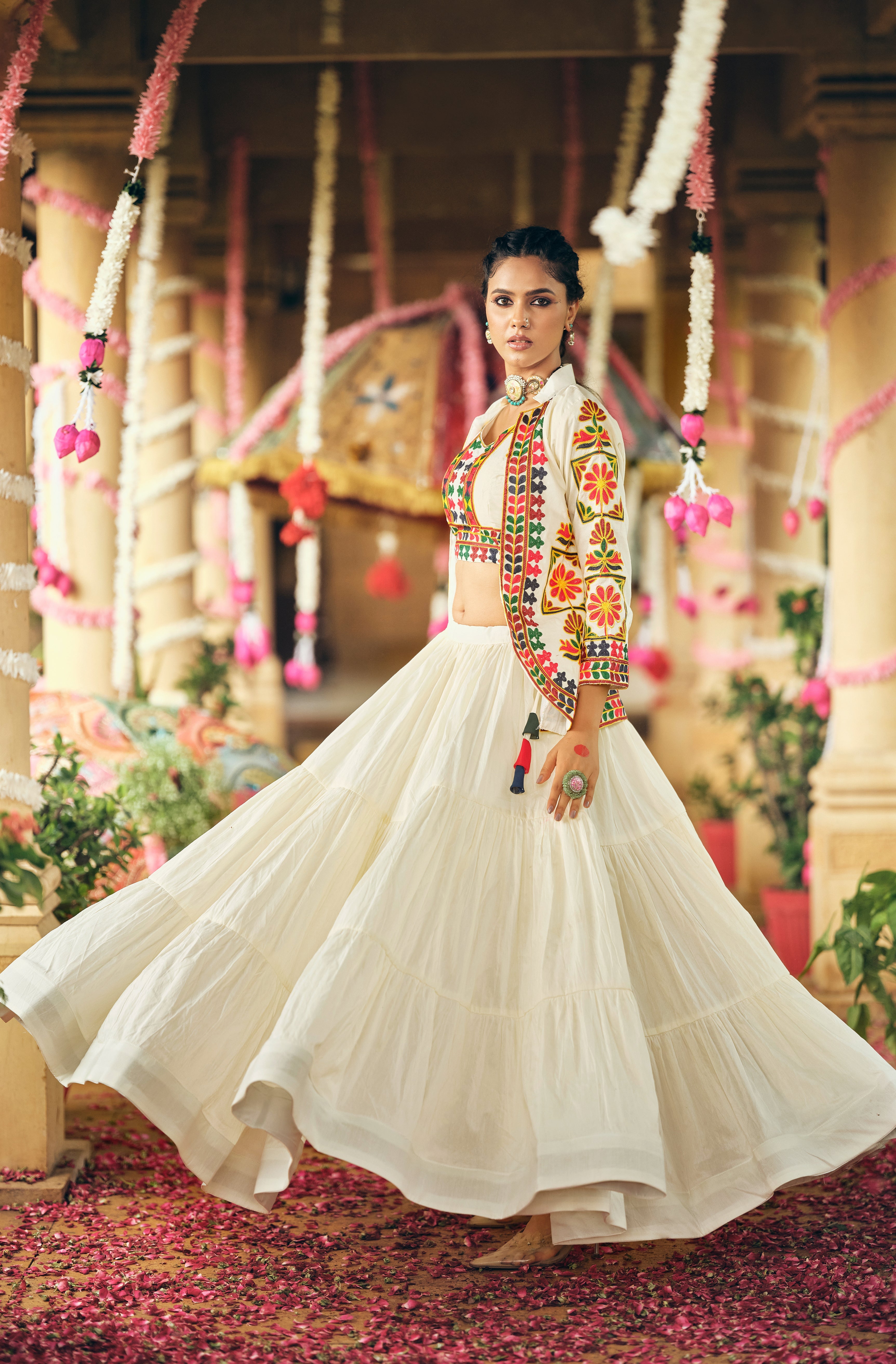 WHITE COLOR RUFFLE STYLE LEHENGA WITH KUTCHI WORK BLOUSE FULLY STITCHED