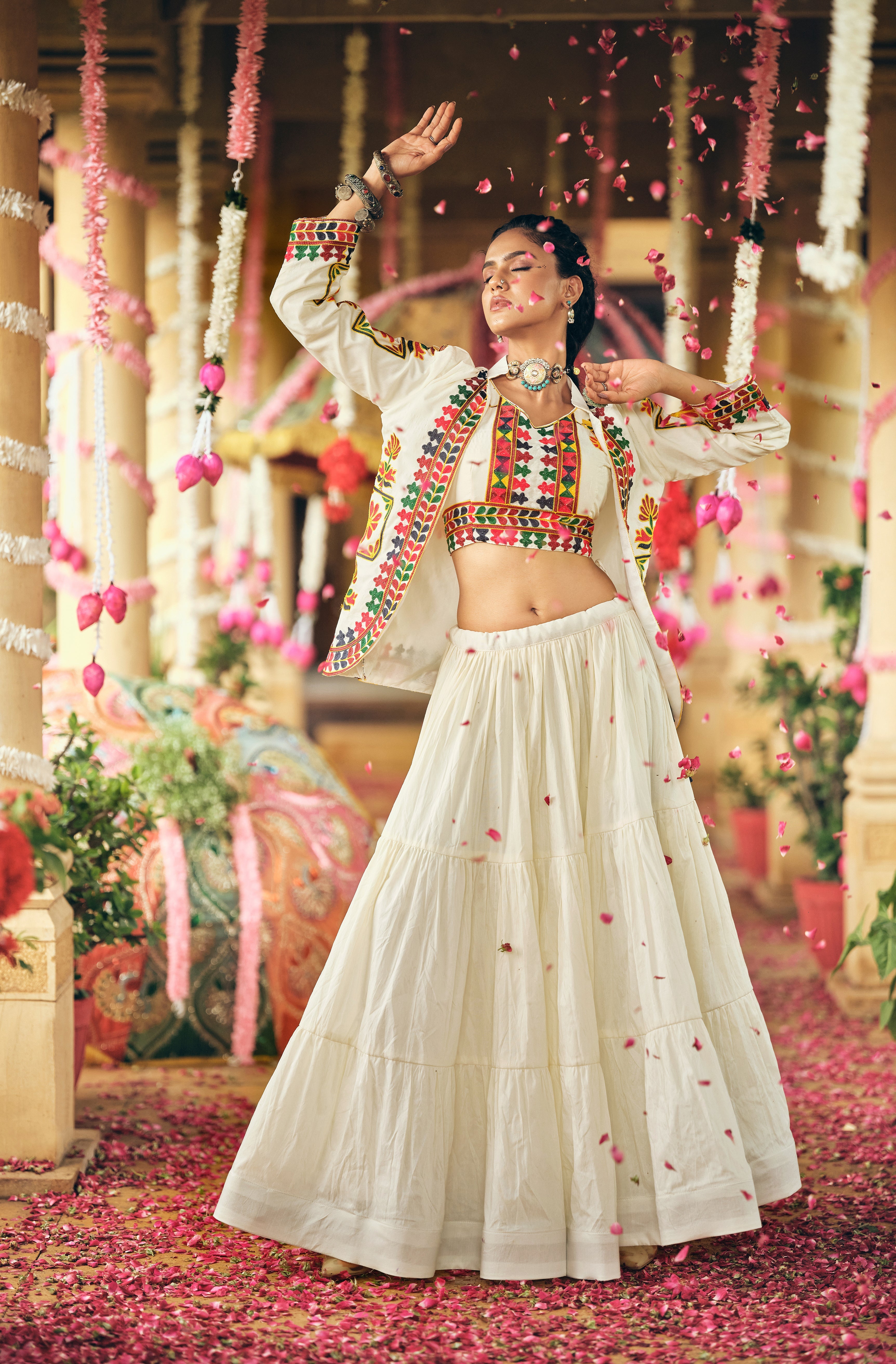 WHITE COLOR RUFFLE STYLE LEHENGA WITH KUTCHI WORK BLOUSE FULLY STITCHED