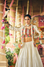 WHITE COLOR RUFFLE STYLE LEHENGA WITH KUTCHI WORK BLOUSE FULLY STITCHED