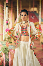 WHITE COLOR RUFFLE STYLE LEHENGA WITH KUTCHI WORK BLOUSE FULLY STITCHED
