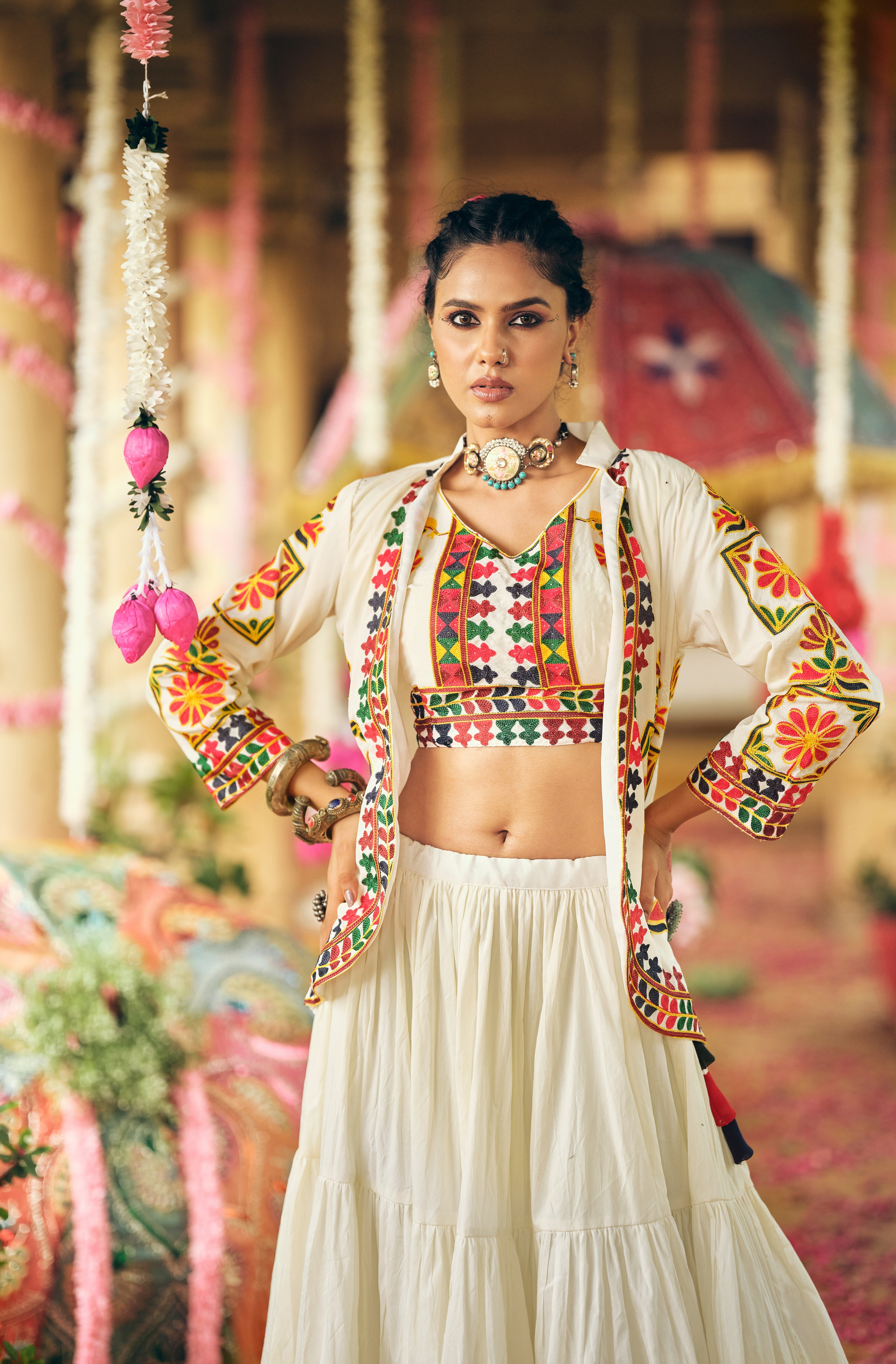 WHITE COLOR RUFFLE STYLE LEHENGA WITH KUTCHI WORK BLOUSE FULLY STITCHED