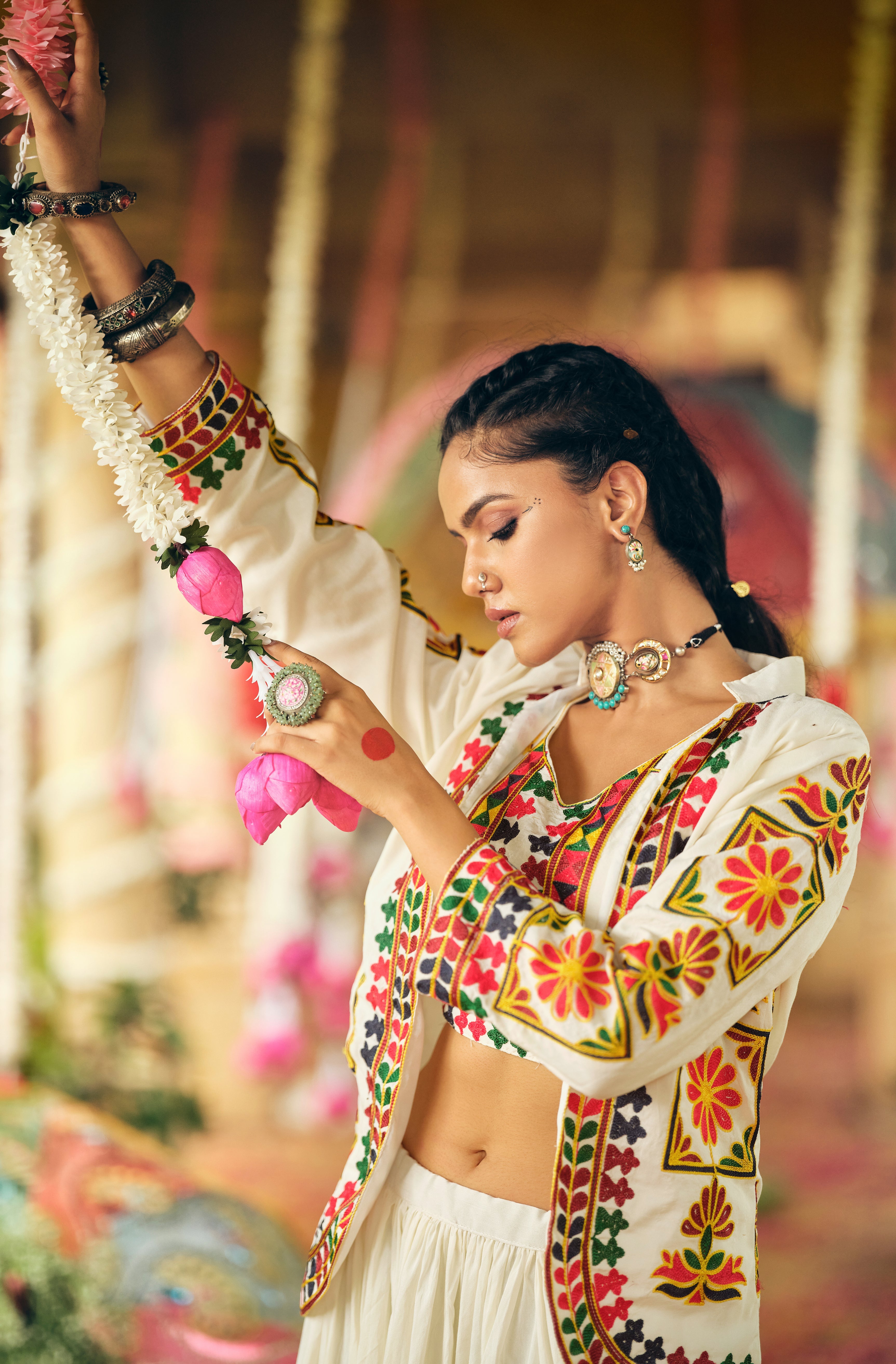 WHITE COLOR RUFFLE STYLE LEHENGA WITH KUTCHI WORK BLOUSE FULLY STITCHED