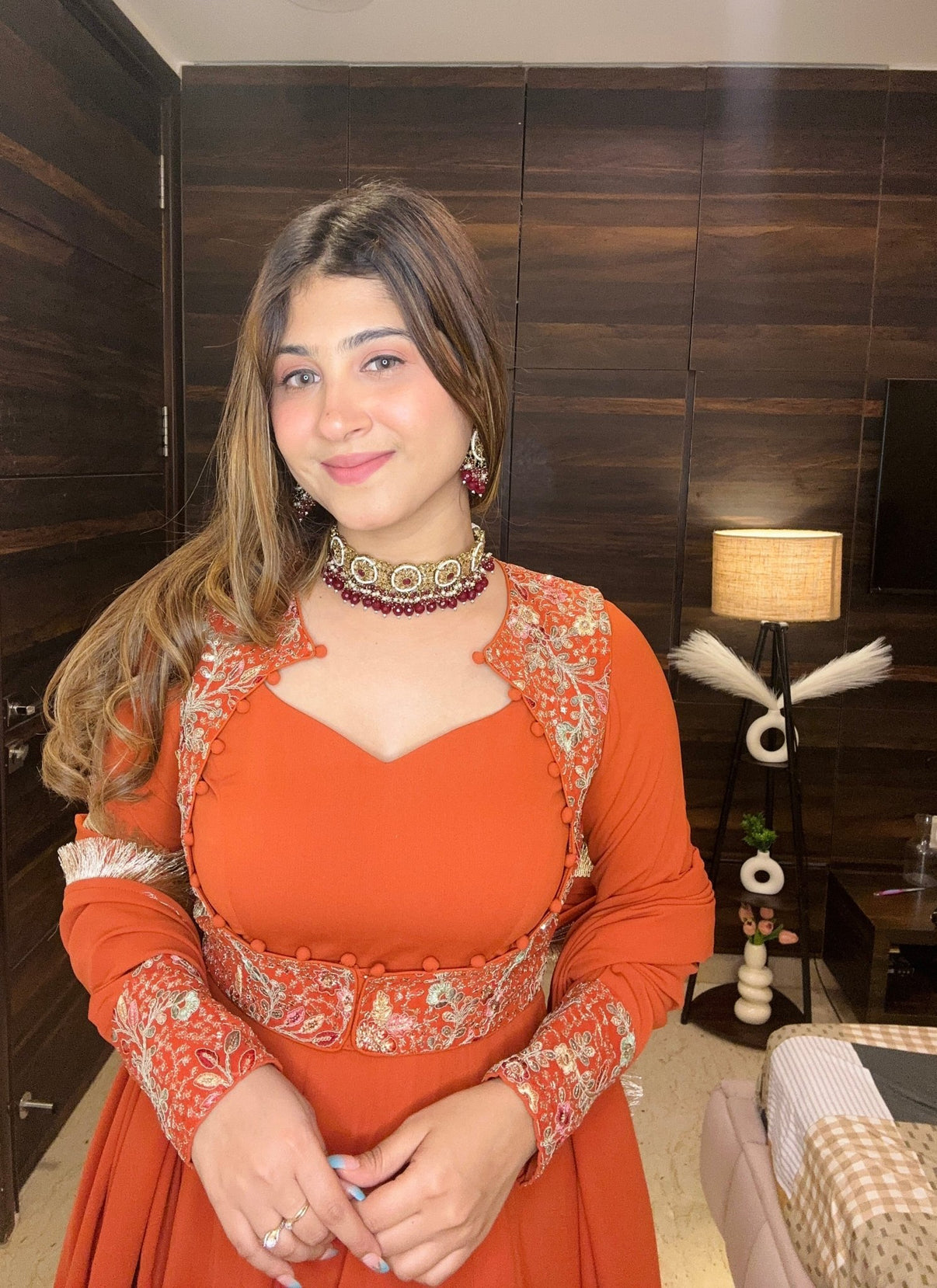 RUST FLARED ANARKALI WITH EMBROIDERED YOKE